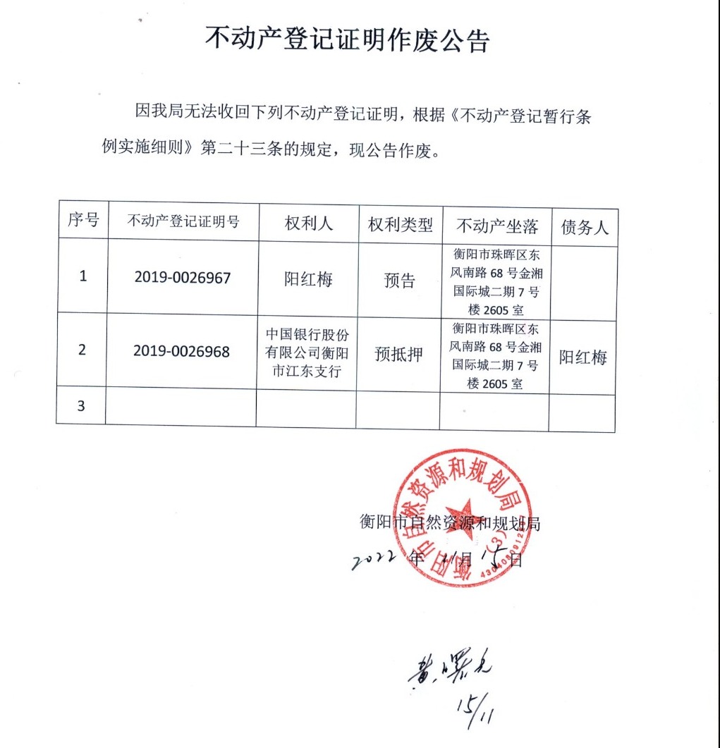 关于阳红梅预告预抵押证明作废公告