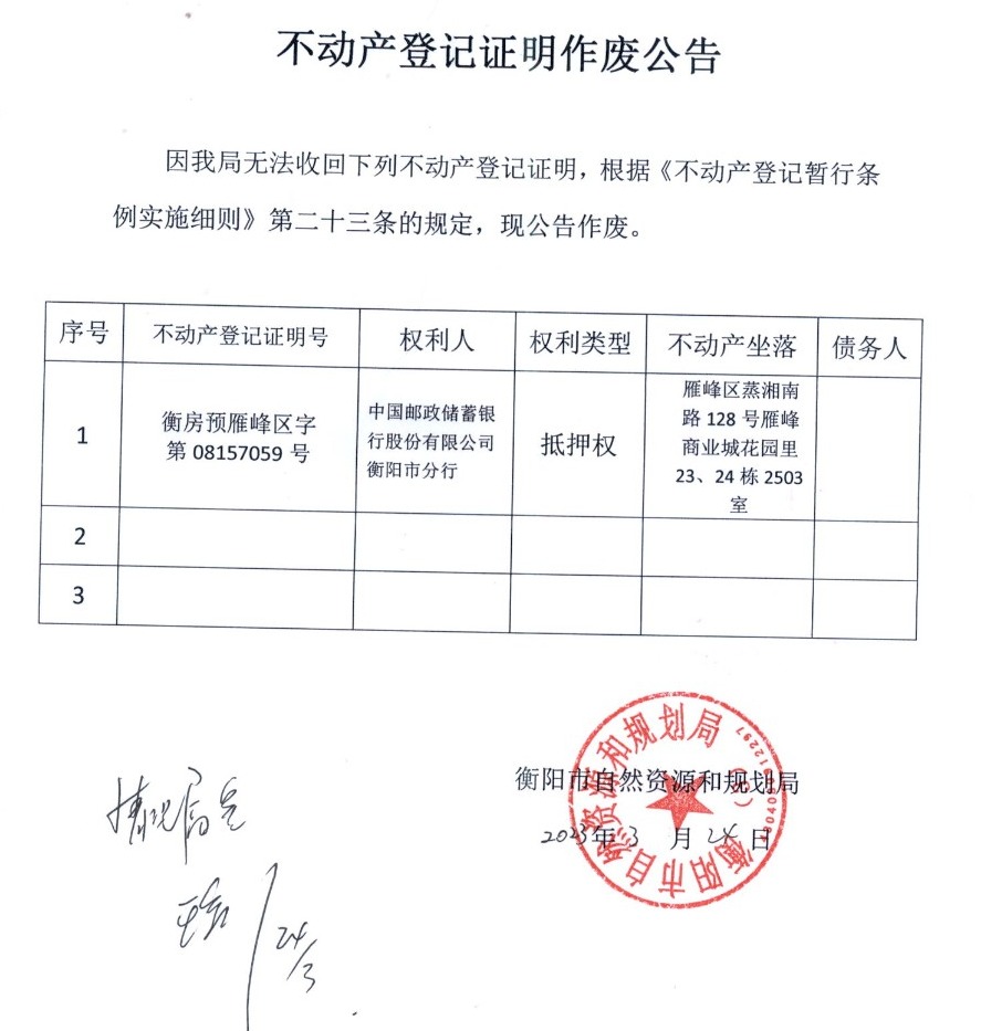 关于中国邮政储蓄银行股份有限公司衡阳市分行不动产登记证明作废公告